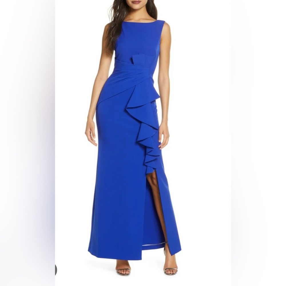 Eliza J Royal Blue Sleeveless Cascading Ruffle- Maxi Dress